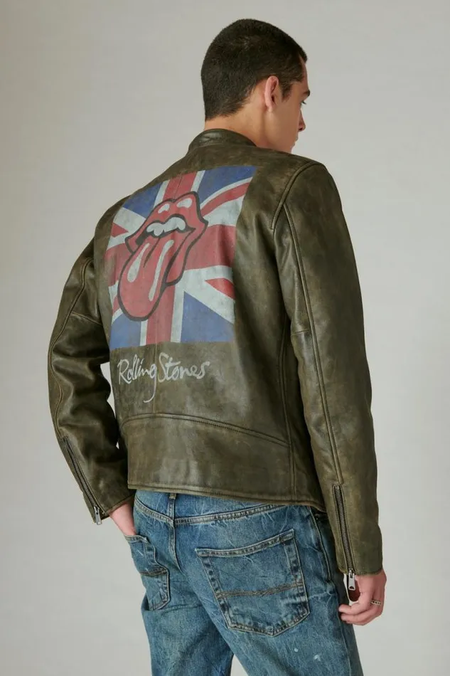 Men Lucky Brand Jackets and Outerwear Rolling Stones Washed Leather Bonneville Jacket Washed Black