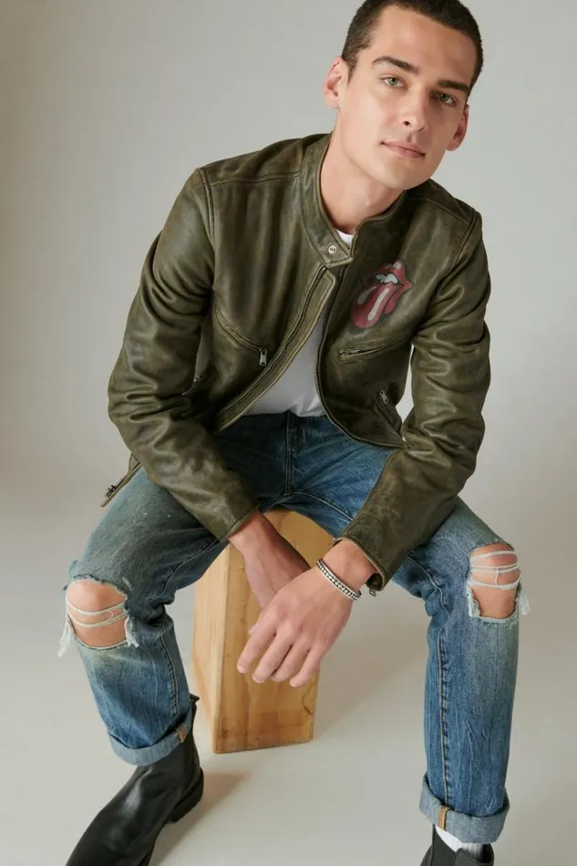 Men Lucky Brand Jackets and Outerwear Rolling Stones Washed Leather Bonneville Jacket Washed Black