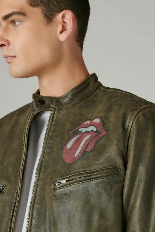 Men Lucky Brand Jackets and Outerwear Rolling Stones Washed Leather Bonneville Jacket Washed Black