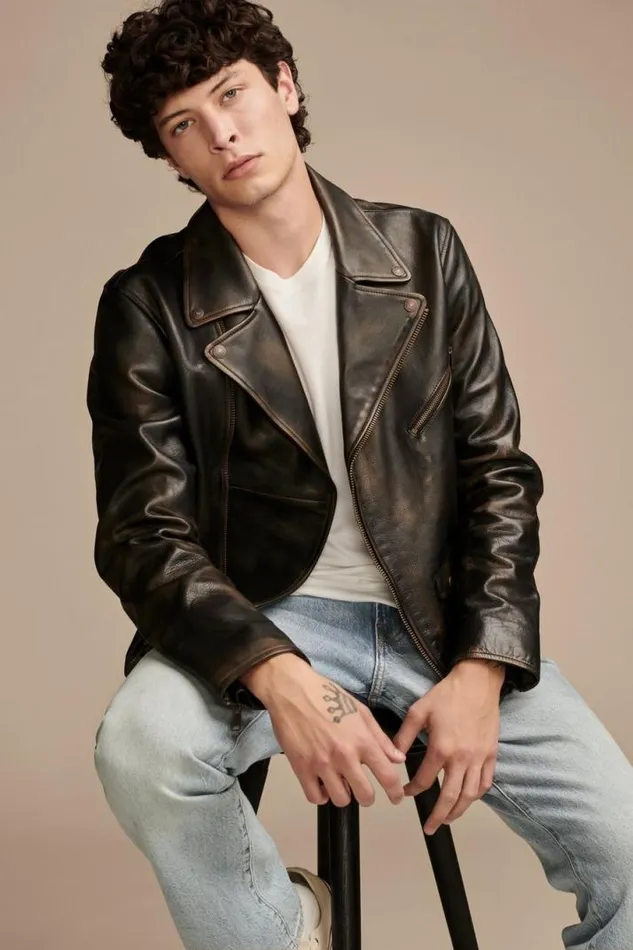 Men Lucky Brand Jackets and Outerwear Vintage Leather Moto Jacket Brownblack