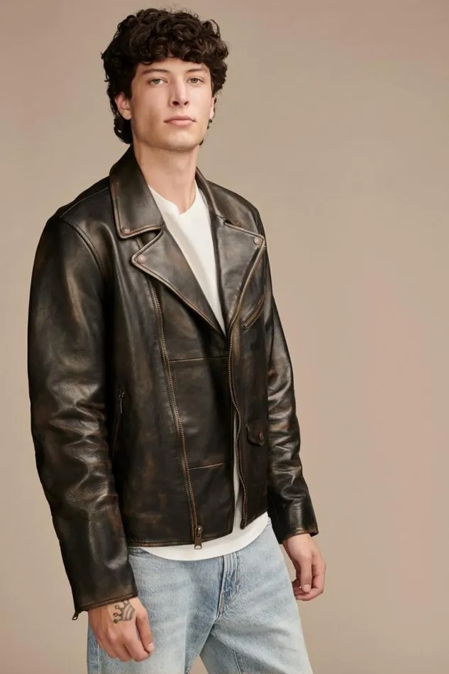 Men Lucky Brand Jackets and Outerwear Vintage Leather Moto Jacket Brownblack