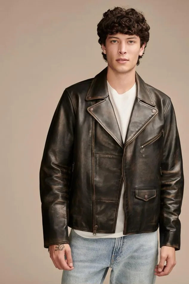 Men Lucky Brand Jackets and Outerwear Vintage Leather Moto Jacket Brownblack