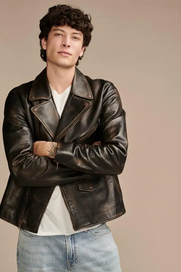 Men Lucky Brand Jackets and Outerwear Vintage Leather Moto Jacket Brownblack