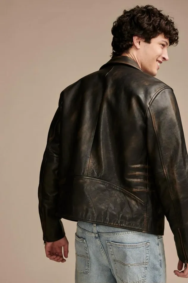 Men Lucky Brand Jackets and Outerwear Vintage Leather Moto Jacket Brownblack