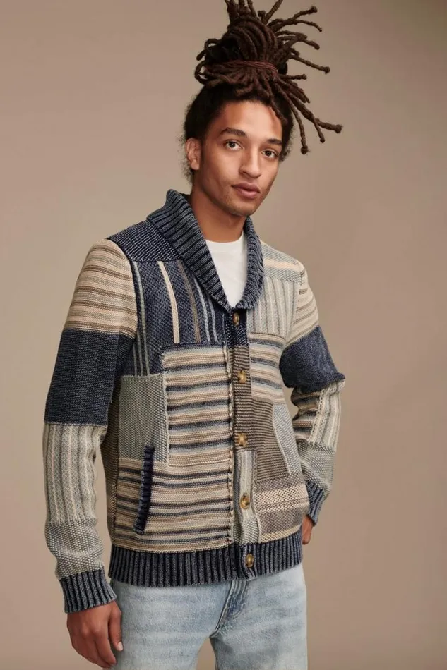 Men Lucky Brand Sweaters Patchwork Shawl Cardigan Denim Combo