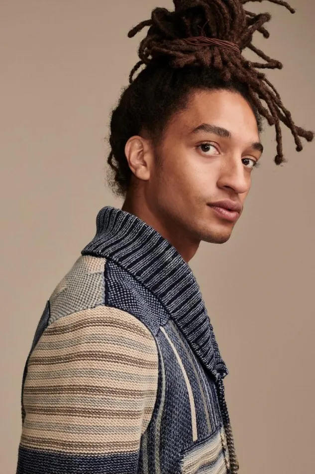 Men Lucky Brand Sweaters Patchwork Shawl Cardigan Denim Combo