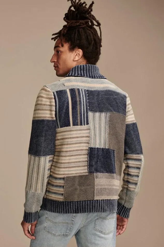 Men Lucky Brand Sweaters Patchwork Shawl Cardigan Denim Combo