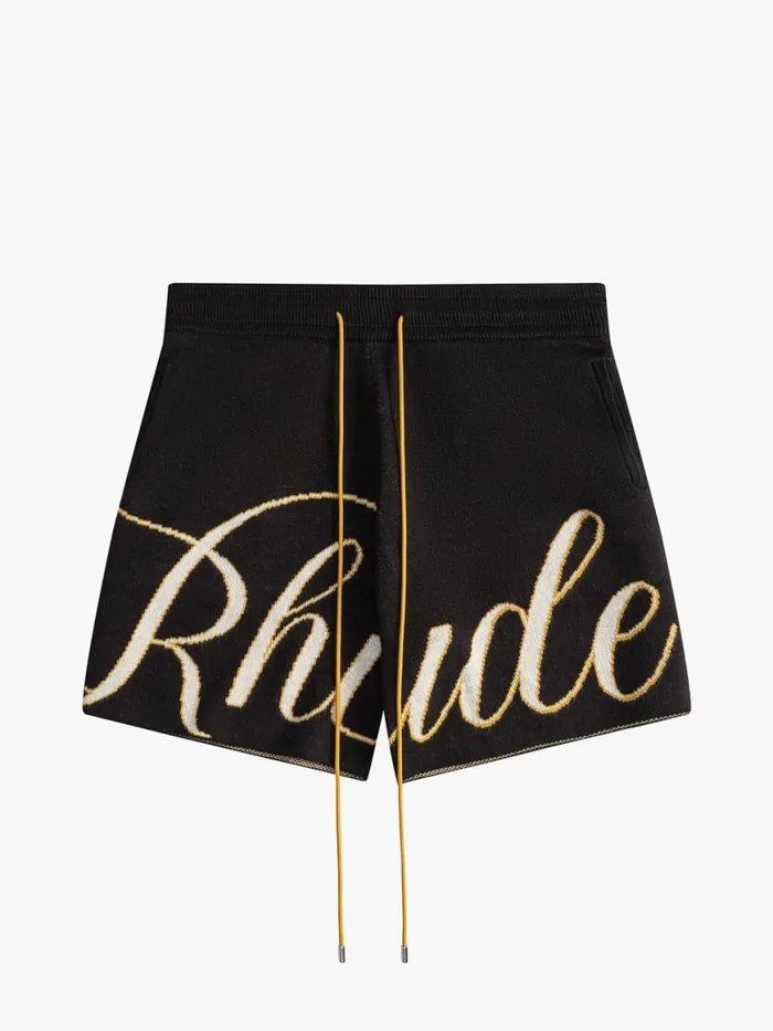 Men Rhude Shorts SCRIPT LOGO KNIT SHORT Black and Creme