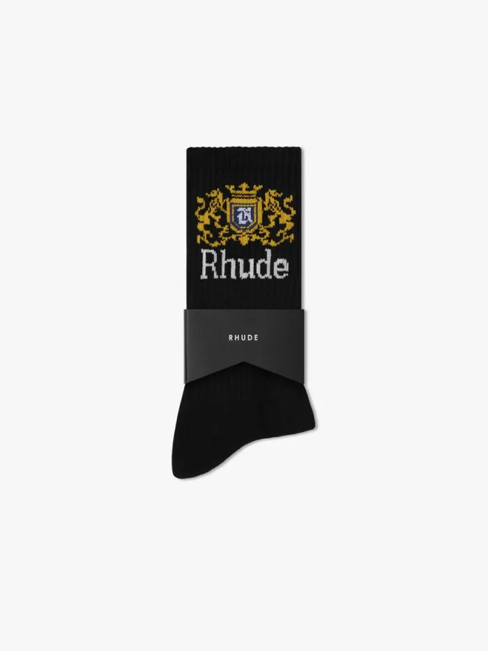 Men Rhude Socks CREST LOGO SOCK Blackwhiteyellow Men Rhude Socks CREST LOGO SOCK Blackwhiteyellow
