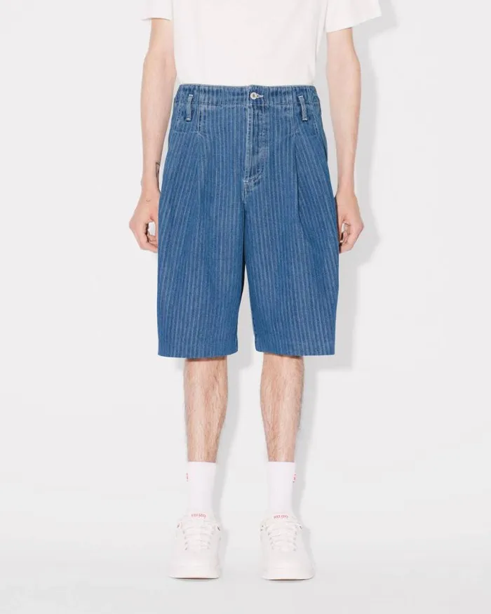 Men School Boy Shorts In Japanese Denim Stone Bleached Blue Denim Kenzo Pants And Shorts