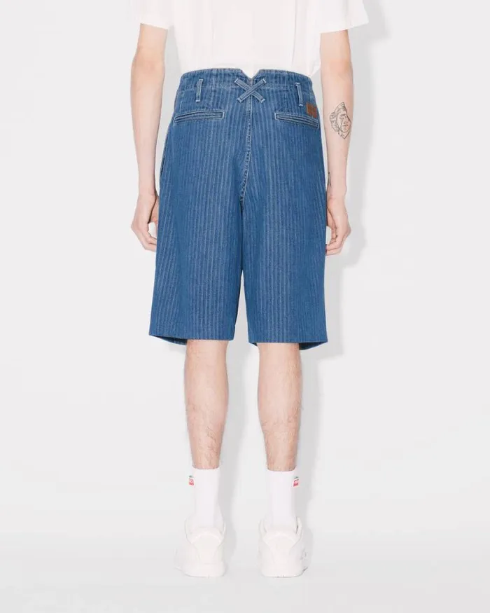 Men School Boy Shorts In Japanese Denim Stone Bleached Blue Denim Kenzo Pants And Shorts