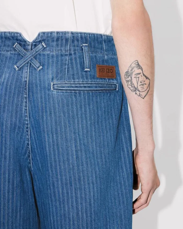 Men School Boy Shorts In Japanese Denim Stone Bleached Blue Denim Kenzo Pants And Shorts