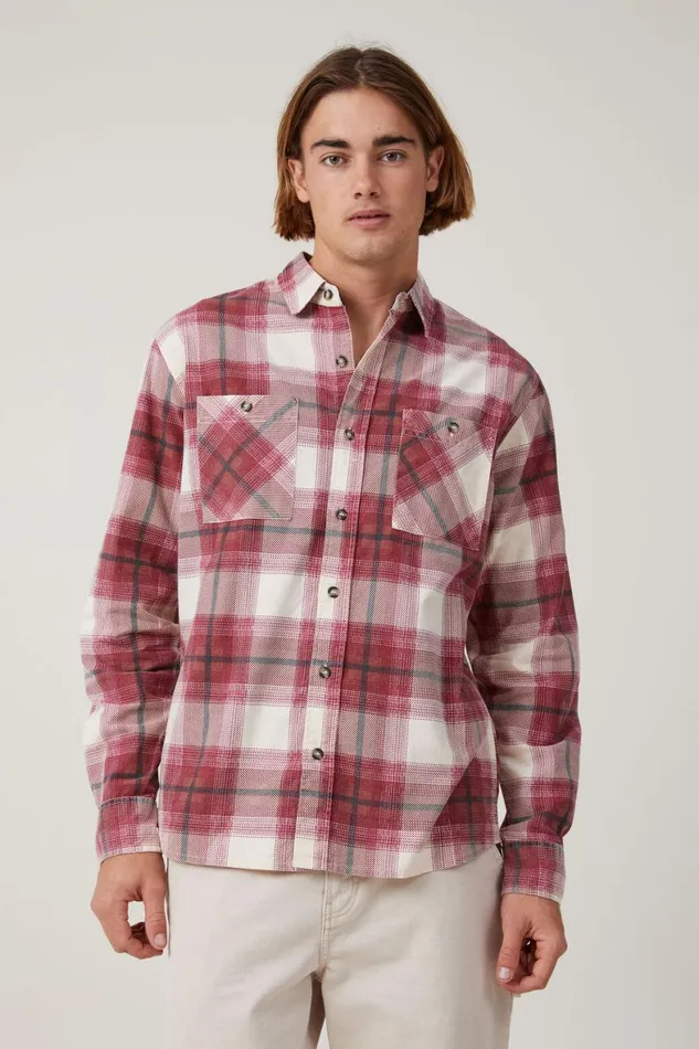 Men Shirts and Polos Cotton On Aberdeen Long Sleeve Shirt Vintage Red Check