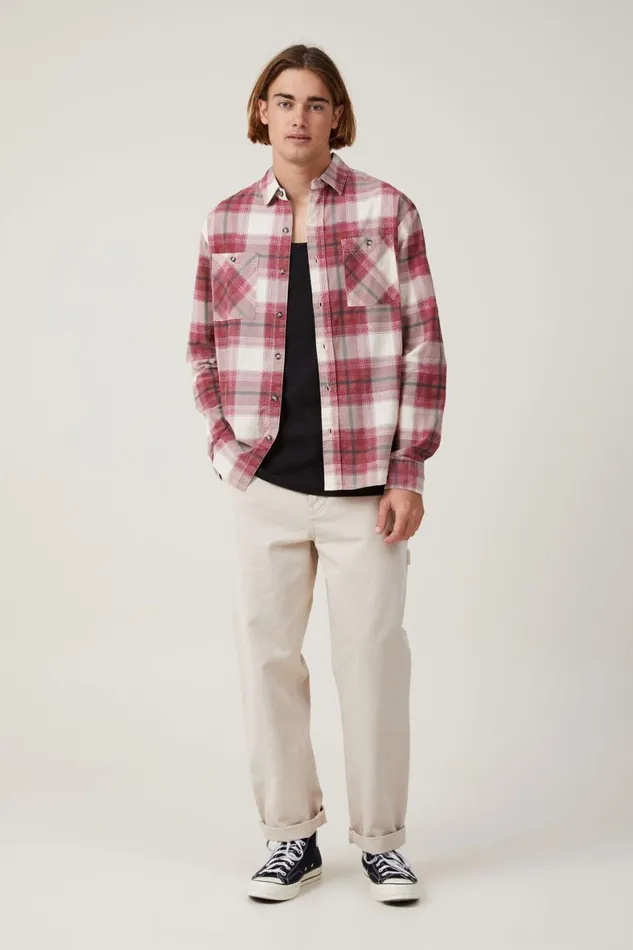 Men Shirts and Polos Cotton On Aberdeen Long Sleeve Shirt Vintage Red Check