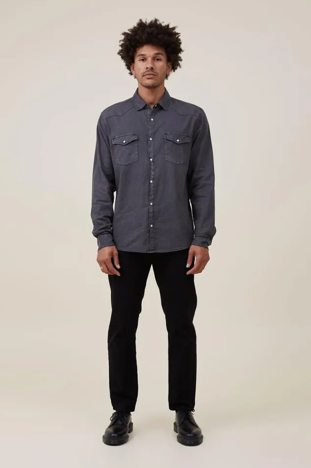 Men Shirts and Polos Cotton On Dallas Long Sleeve Shirt Vintage Black