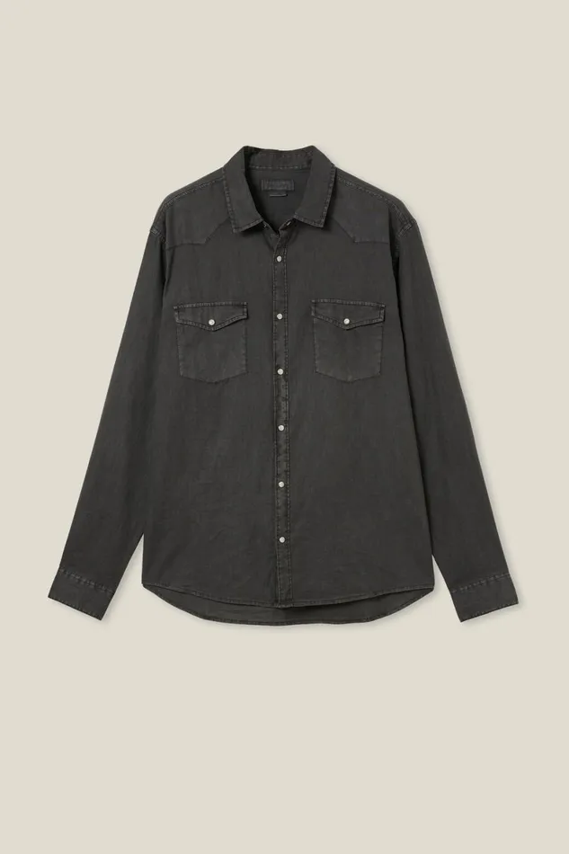 Men Shirts and Polos Cotton On Dallas Long Sleeve Shirt Vintage Black