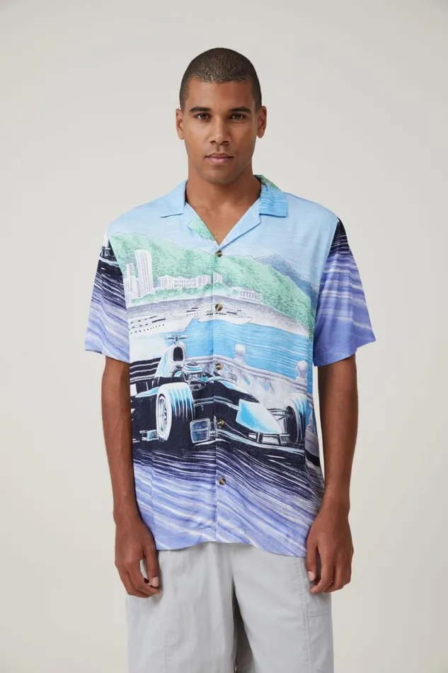 Men Shirts and Polos Cotton On Pit Stop Short Sleeve Shirt Blue Moon