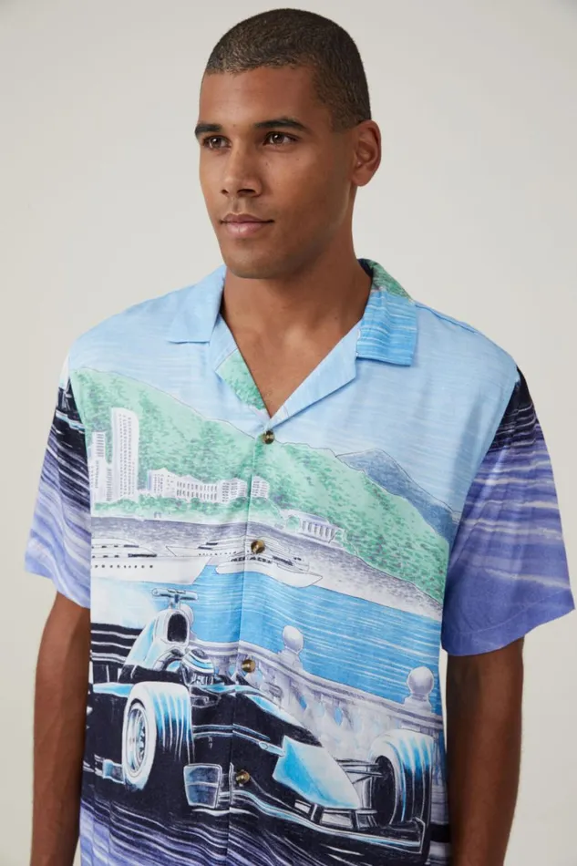 Men Shirts and Polos Cotton On Pit Stop Short Sleeve Shirt Blue Moon