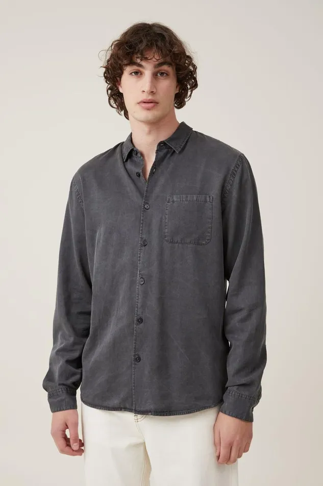 Men Shirts and Polos Cotton On Stockholm Long Sleeve Shirt Washed Black Slub