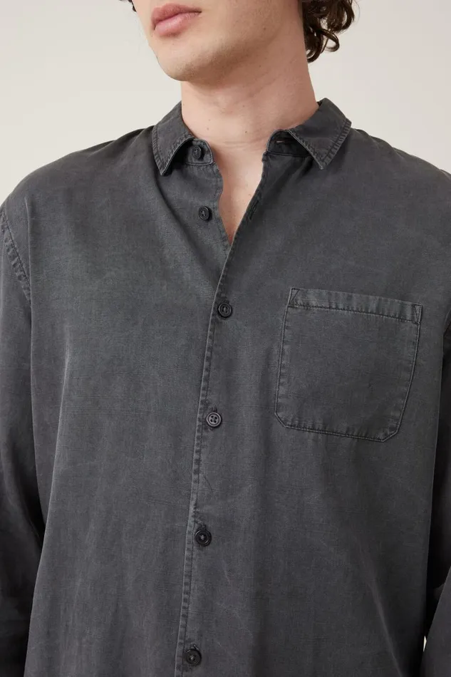 Men Shirts and Polos Cotton On Stockholm Long Sleeve Shirt Washed Black Slub