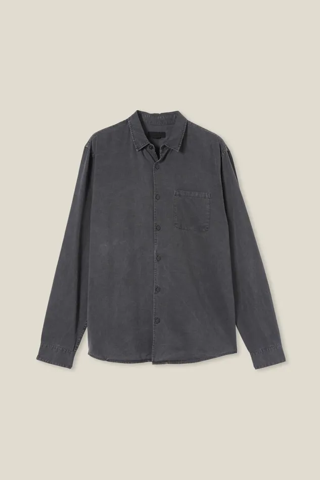 Men Shirts and Polos Cotton On Stockholm Long Sleeve Shirt Washed Black Slub