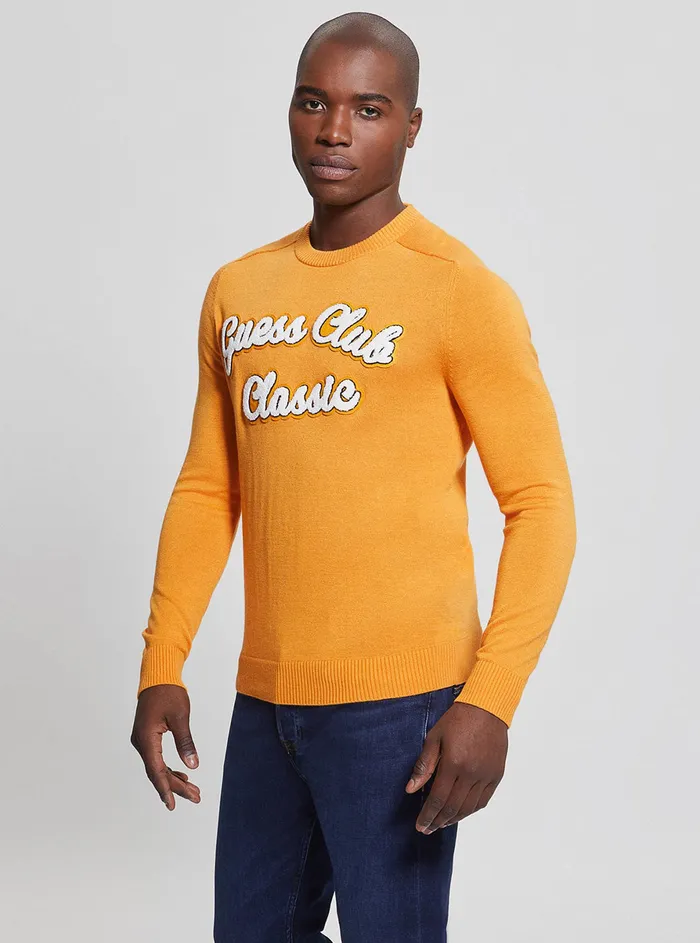 Men Sweaters and Knits GUESS Burned Caramel Rick Varsity Jumper