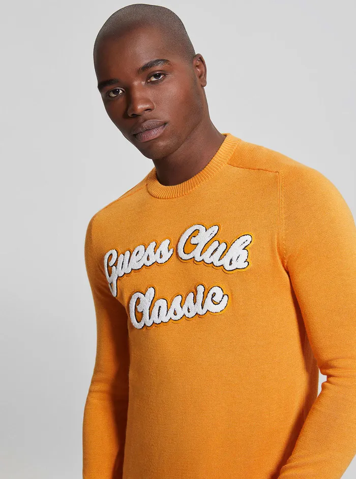 Men Sweaters and Knits GUESS Burned Caramel Rick Varsity Jumper
