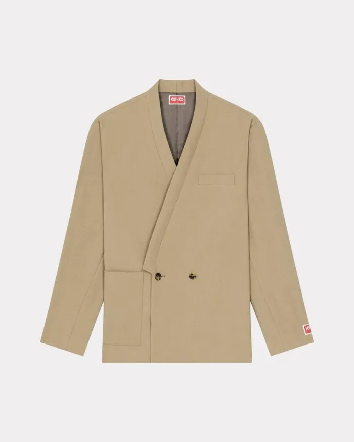 Men Tailored Kimono Jacket In Virgin Wool Dark Beige Kenzo Jackets And Coats
