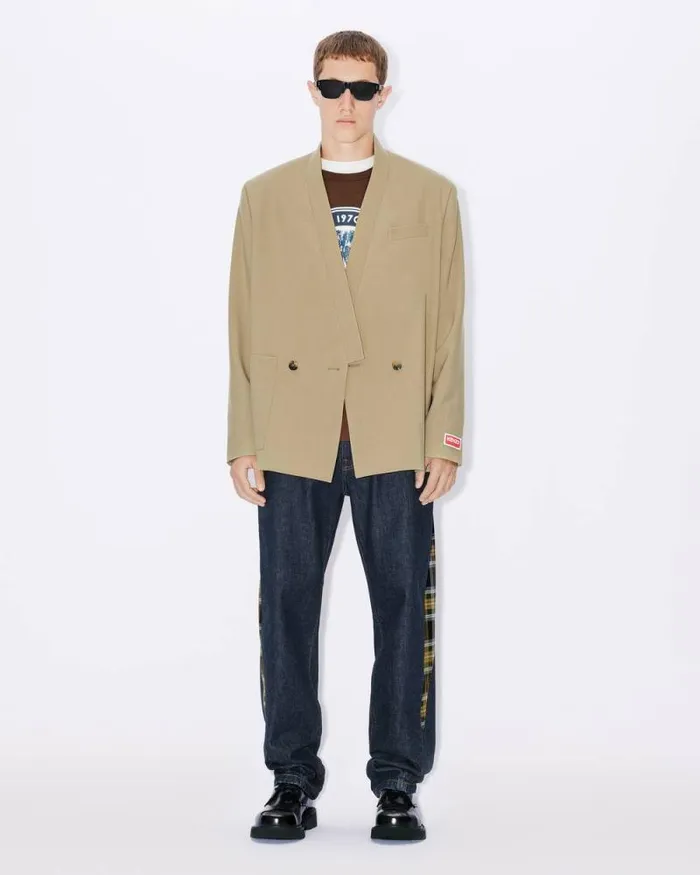 Men Tailored Kimono Jacket In Virgin Wool Dark Beige Kenzo Jackets And Coats