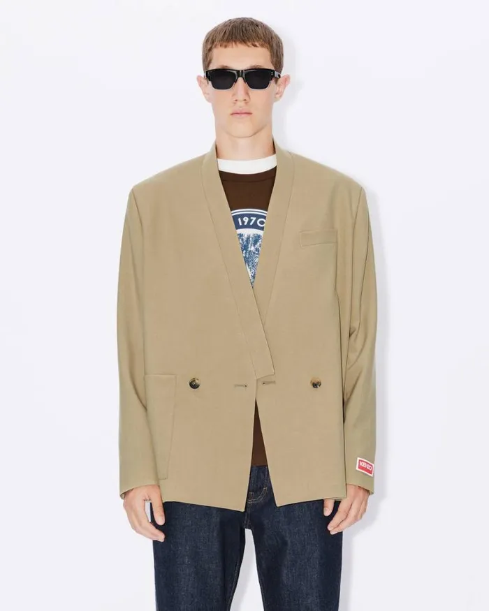 Men Tailored Kimono Jacket In Virgin Wool Dark Beige Kenzo Jackets And Coats