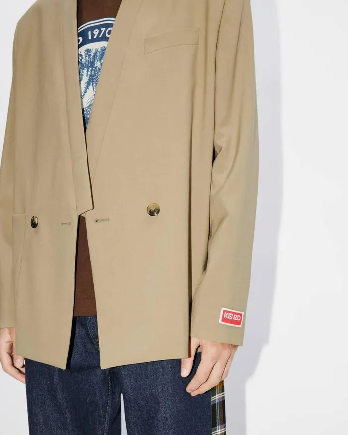 Men Tailored Kimono Jacket In Virgin Wool Dark Beige Kenzo Jackets And Coats