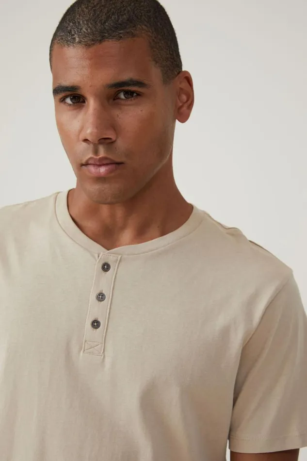 Men Tees and Tanks Cotton On Organic Henley TShirt Stone Clay