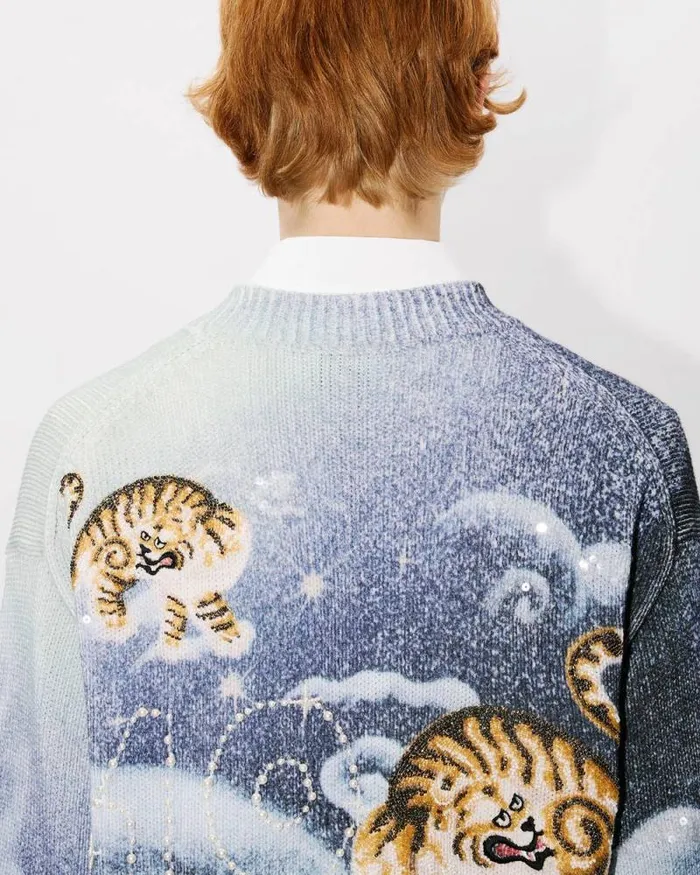 MenWomen 039KENZO Cloud Tiger039 Genderless Embroidered Cardigan Midnight Blue Kenzo Sweaters And Cardigans