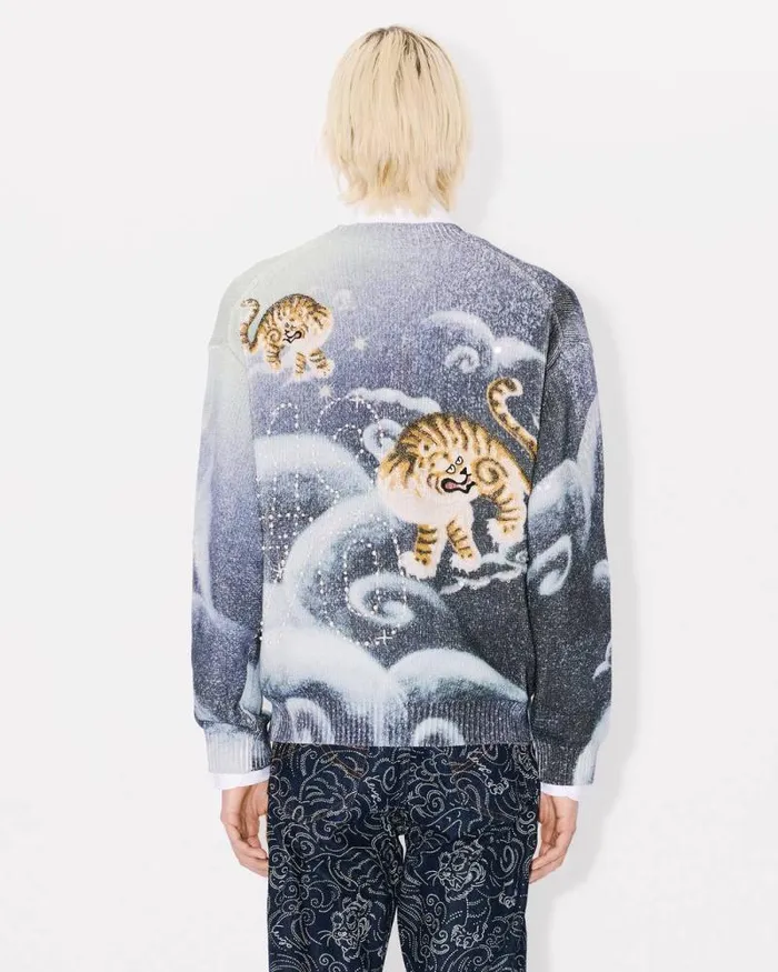 MenWomen 039KENZO Cloud Tiger039 Genderless Embroidered Cardigan Midnight Blue Kenzo Sweaters And Cardigans