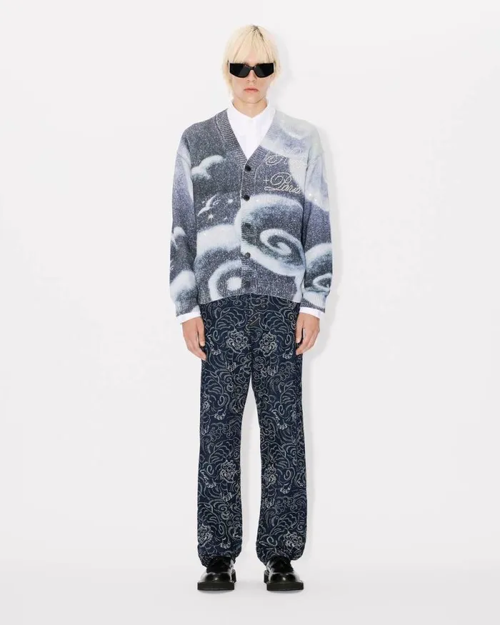 MenWomen 039KENZO Cloud Tiger039 Genderless Embroidered Cardigan Midnight Blue Kenzo Sweaters And Cardigans