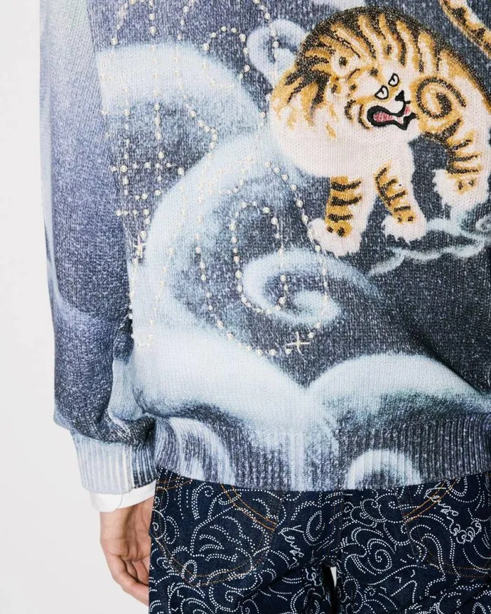 MenWomen 039KENZO Cloud Tiger039 Genderless Embroidered Cardigan Midnight Blue Kenzo Sweaters And Cardigans
