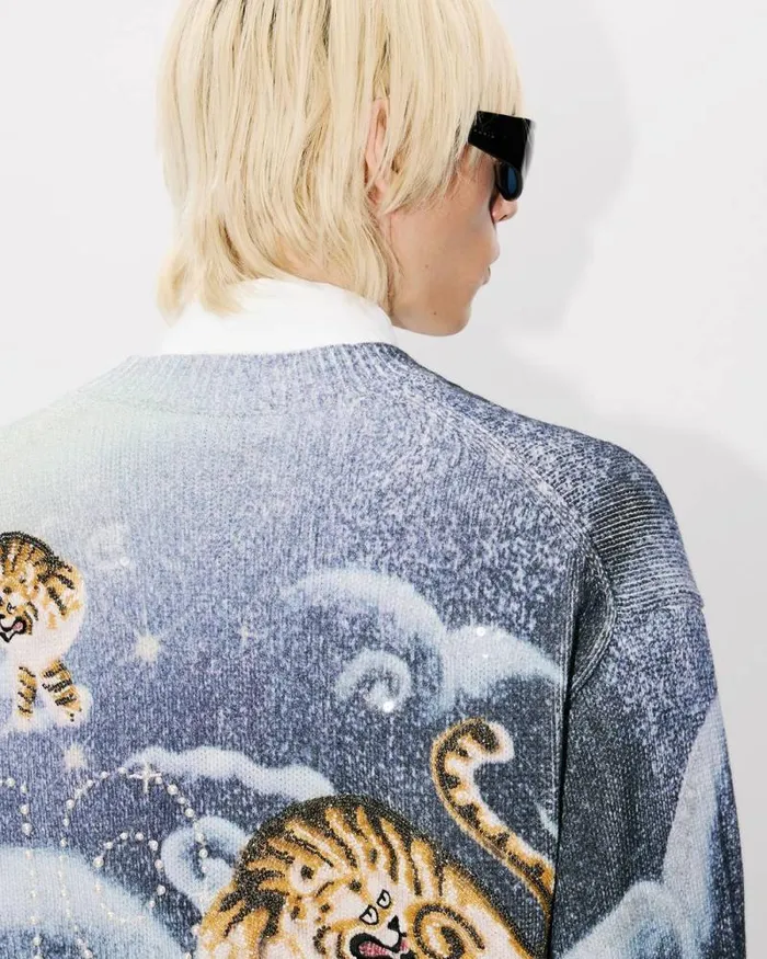MenWomen 039KENZO Cloud Tiger039 Genderless Embroidered Cardigan Midnight Blue Kenzo Sweaters And Cardigans