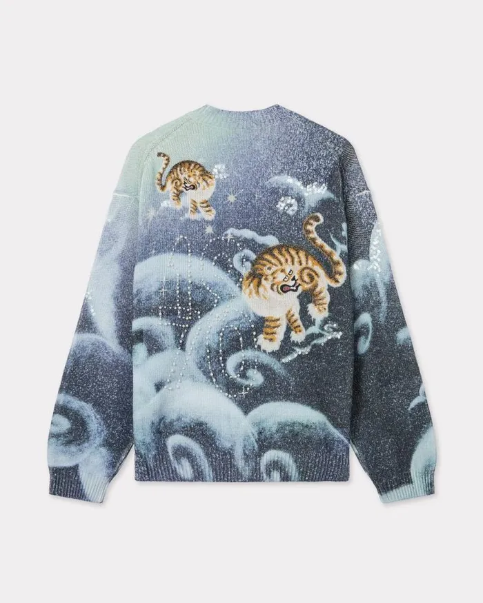 MenWomen 039KENZO Cloud Tiger039 Genderless Embroidered Cardigan Midnight Blue Kenzo Sweaters And Cardigans