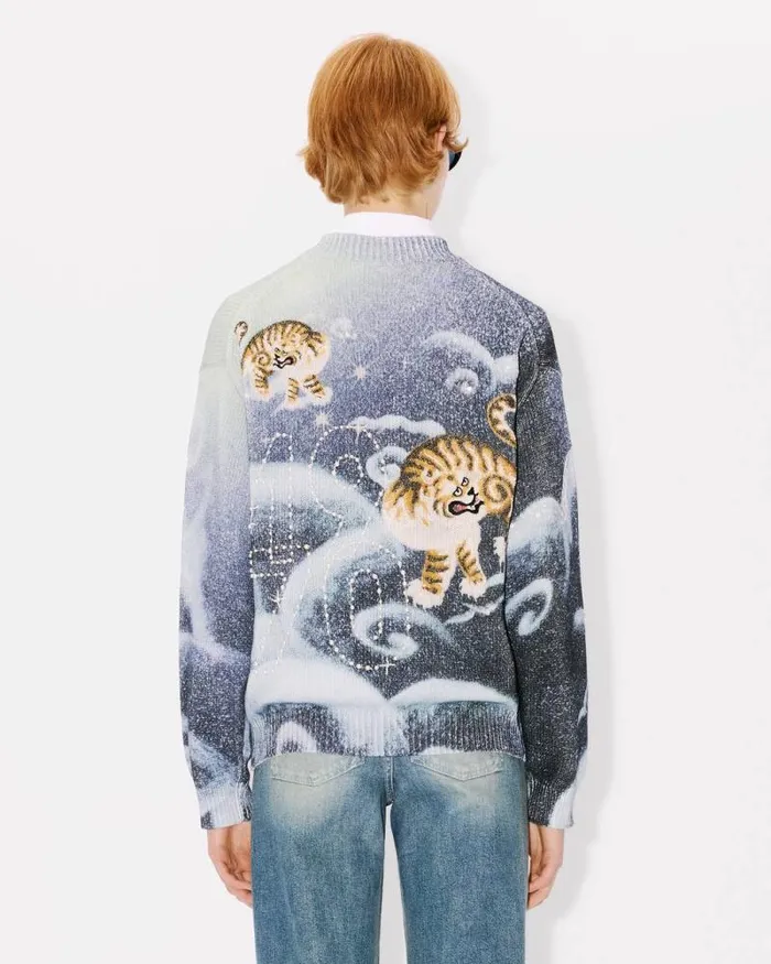 MenWomen 039KENZO Cloud Tiger039 Genderless Embroidered Cardigan Midnight Blue Kenzo Sweaters And Cardigans