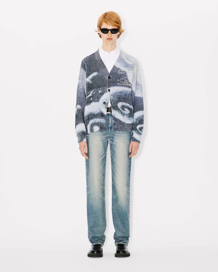 MenWomen 039KENZO Cloud Tiger039 Genderless Embroidered Cardigan Midnight Blue Kenzo Sweaters And Cardigans