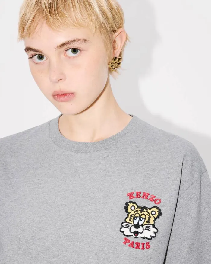 MenWomen 039KENZO VERDY MARKET039 Genderless Embroidered Tshirt In Cotton Pearl Grey Kenzo Tshirts And Polos