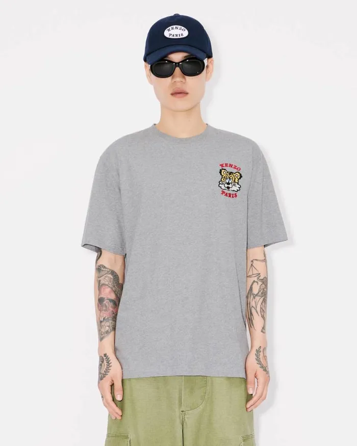 MenWomen 039KENZO VERDY MARKET039 Genderless Embroidered Tshirt In Cotton Pearl Grey Kenzo Tshirts And Polos