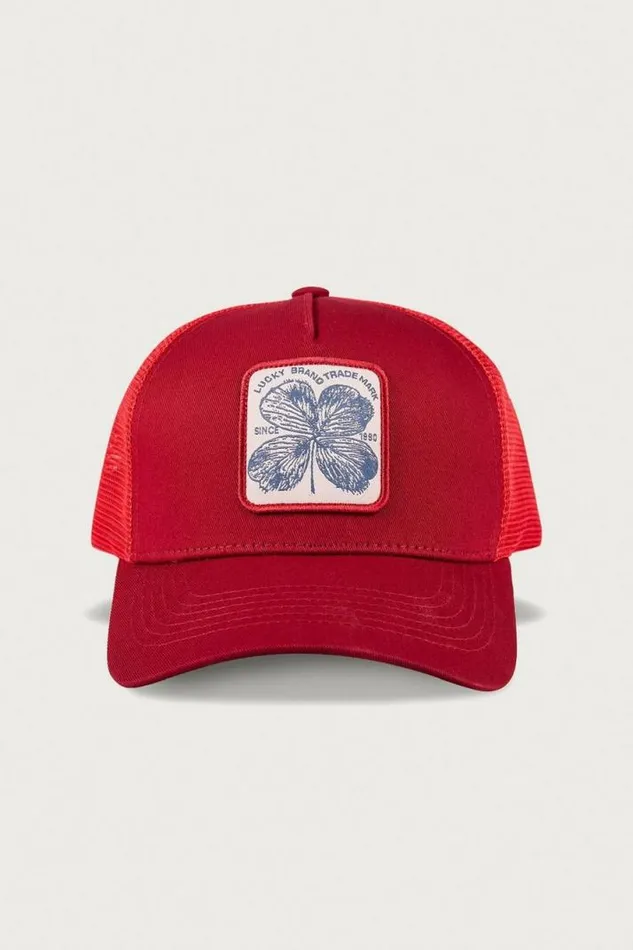 MenWomen Lucky Brand Hats Clover Patch Trucker Hat Dark Red