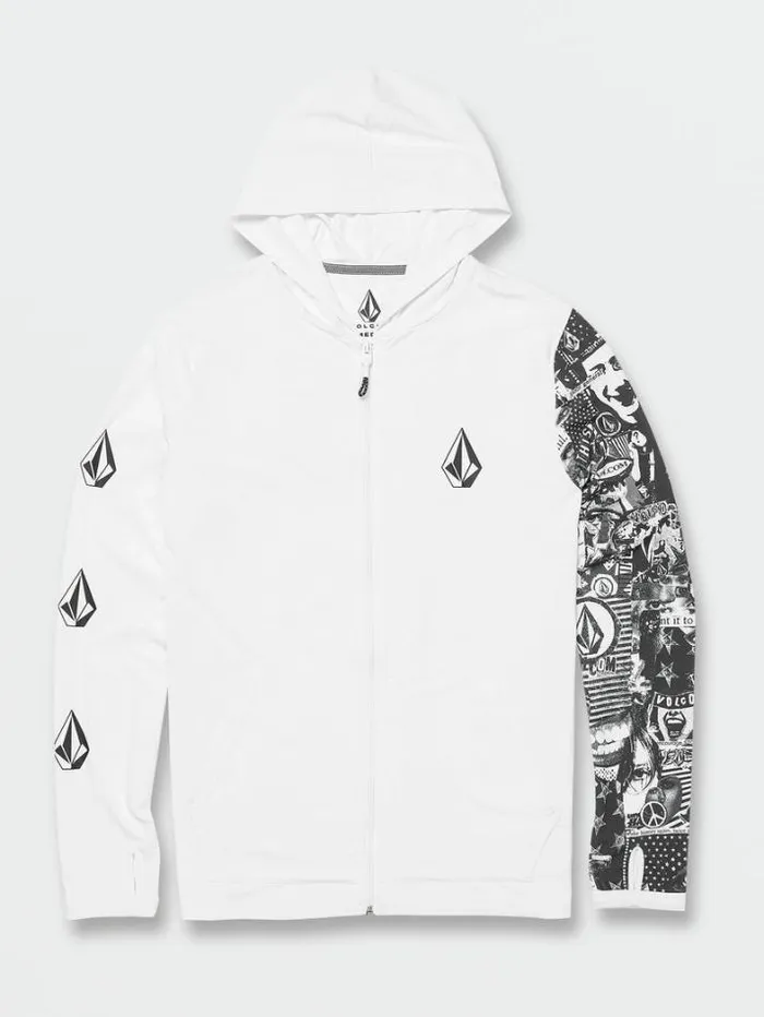 Mens Rashguards Volcom Iconic Stone Hood Collage Long Sleeve UPF 50 Rashguard 8211 White