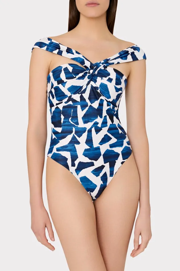 Milly Betsy Ocean Puzzle Bandeau One Piece Navy Multi Women One Piece Swimsuits
