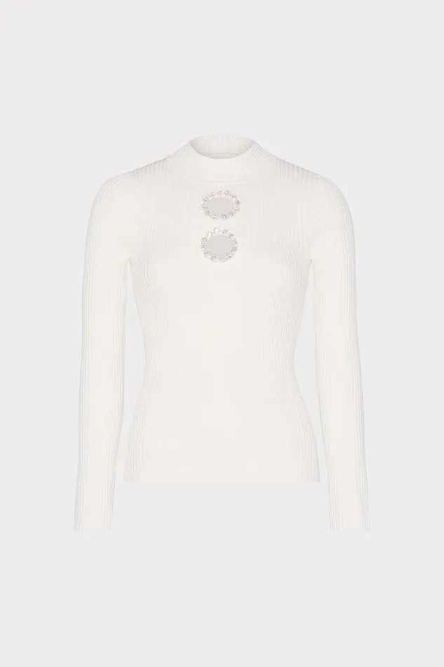 Milly Crystal Cut Out Knit Mock Neck Ecru Women Tops