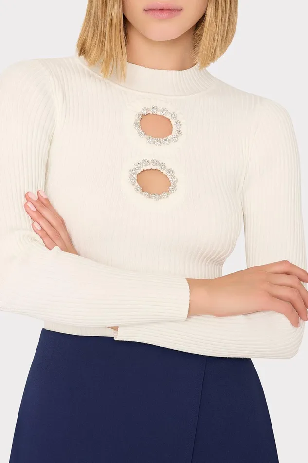 Milly Crystal Cut Out Knit Mock Neck Ecru Women Tops