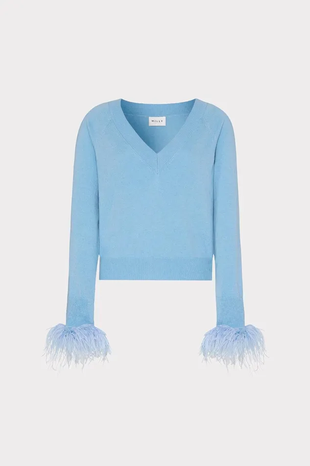 Milly Feather Cuff VNeck Sweater Ice Blue Women Tops