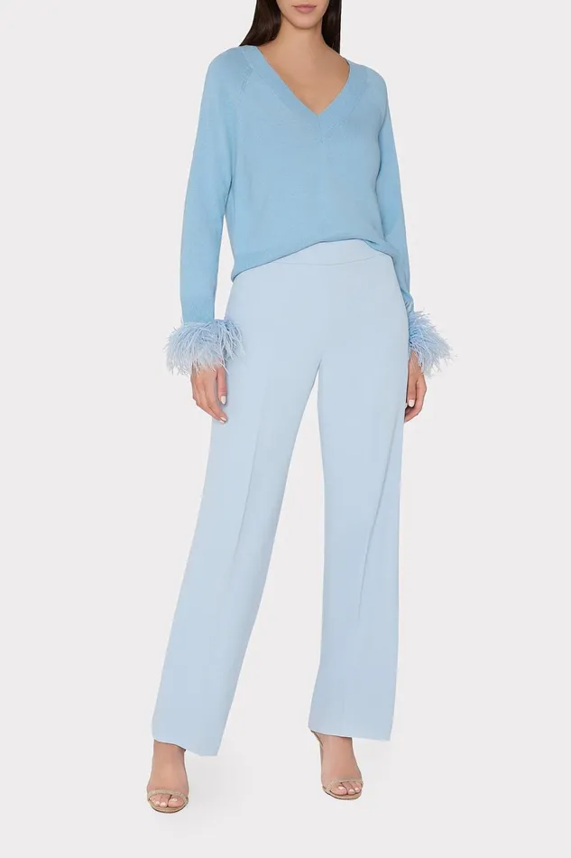 Milly Feather Cuff VNeck Sweater Ice Blue Women Tops