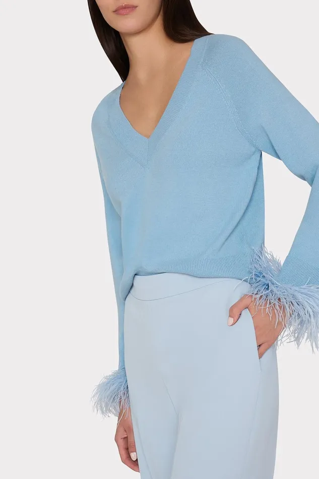 Milly Feather Cuff VNeck Sweater Ice Blue Women Tops